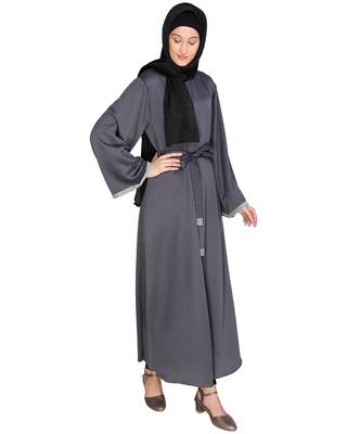 Dark-grey plain satin abaya 5