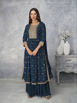 Dark-teal embroidered georgette salwar 1