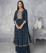Dark-teal embroidered georgette salwar