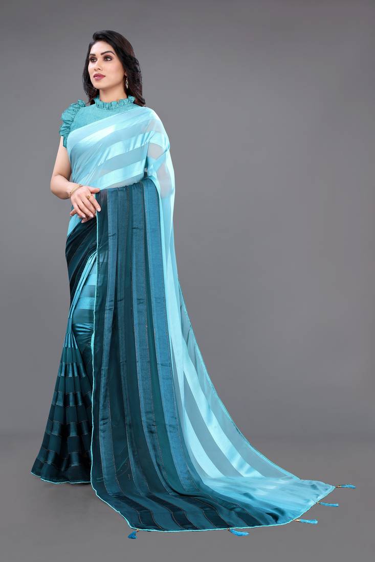Turquoise plain georgette saree with blouse