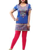Royal-blue printed crepe short-kurtis
