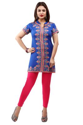 Royal-blue printed crepe short-kurtis 1