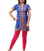 Royal-blue printed crepe short-kurtis