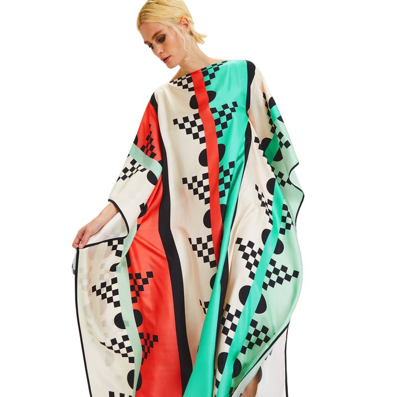 JSDC Geometric Printed Style Satin Silk Kaftan For Women