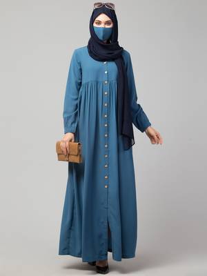 Blue Designer Abaya With Wooden Buttons 1