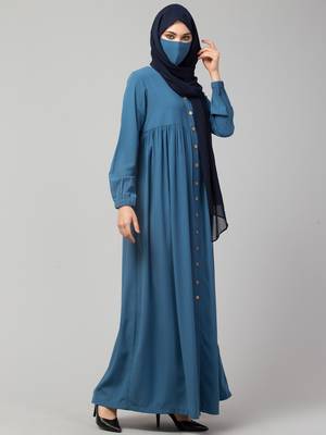 Blue Designer Abaya With Wooden Buttons 2