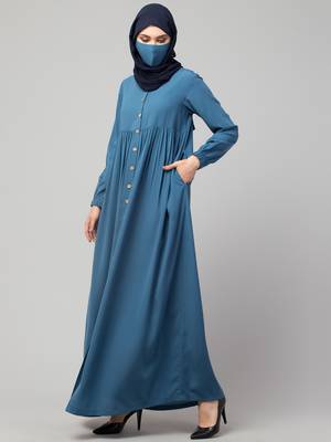 Blue Designer Abaya With Wooden Buttons 3
