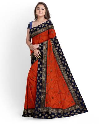 Red Silk Blend Women's Saree With Blouse Piece 3