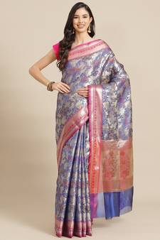blue banarasi brocade   saree with blouse