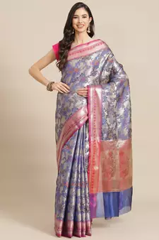 blue banarasi brocade   saree with blouse