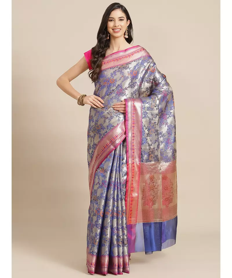 blue banarasi brocade   saree with blouse