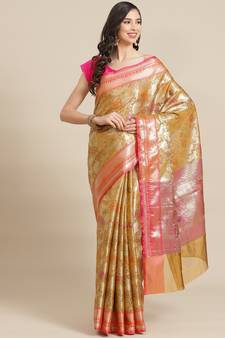 mustard banarasi brocade   saree with blouse