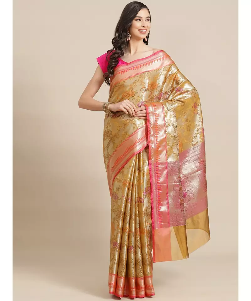 mustard banarasi brocade   saree with blouse