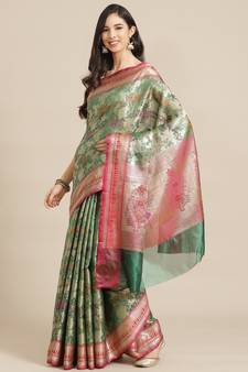 green banarasi brocade   saree with blouse