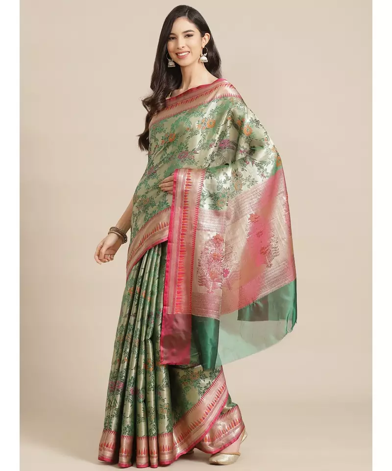 green banarasi brocade   saree with blouse