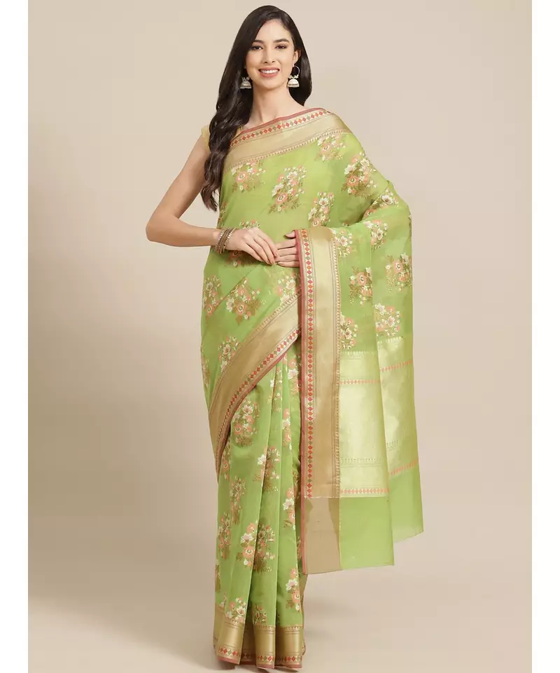 green cotton silk   saree with blouse