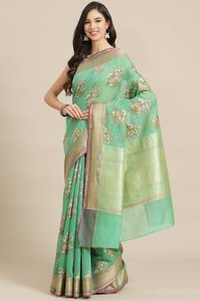 green cotton silk   saree with blouse