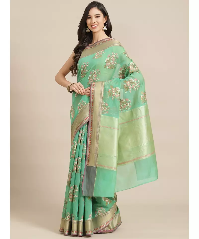 green cotton silk   saree with blouse