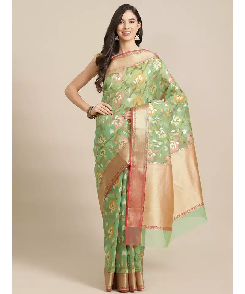 green organza   saree with blouse