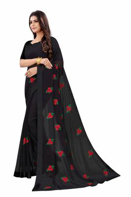 Black Georgette Embriodered Saree With lace and Blouse Piece. 2
