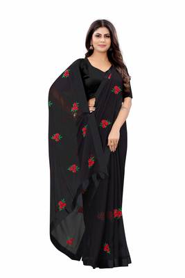 Black Georgette Embriodered Saree With lace and Blouse Piece. 4