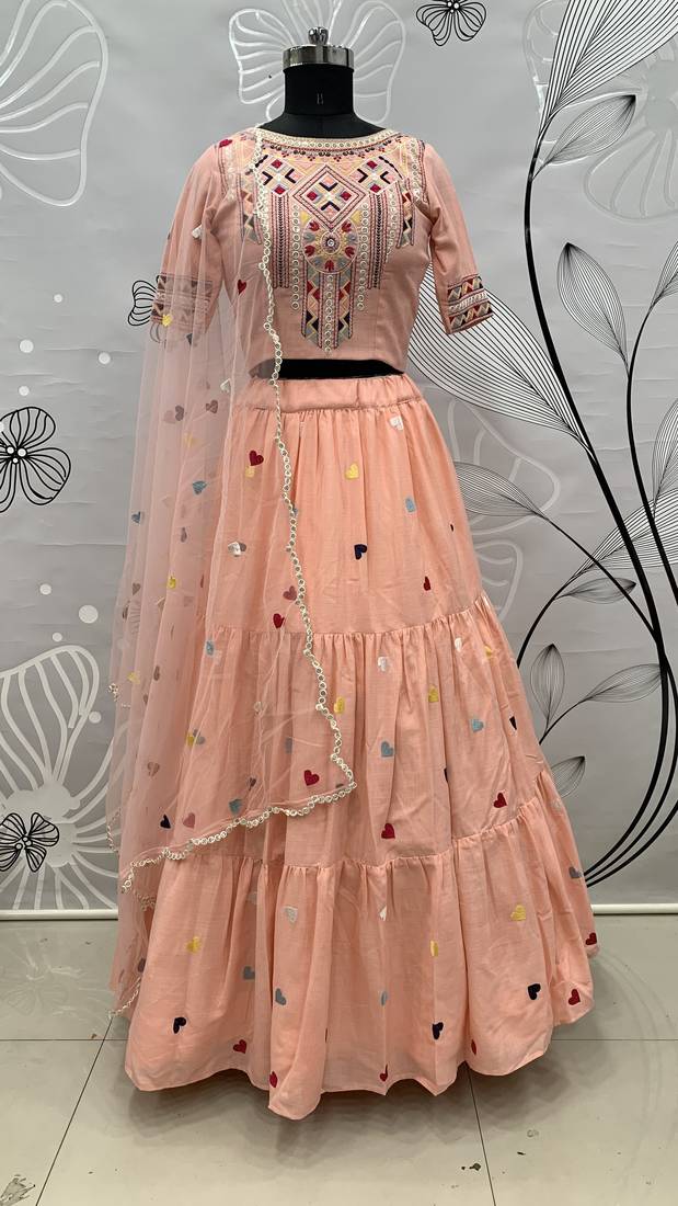Pink Thread With Sequins Embroidered cotton semi stitched lehenga