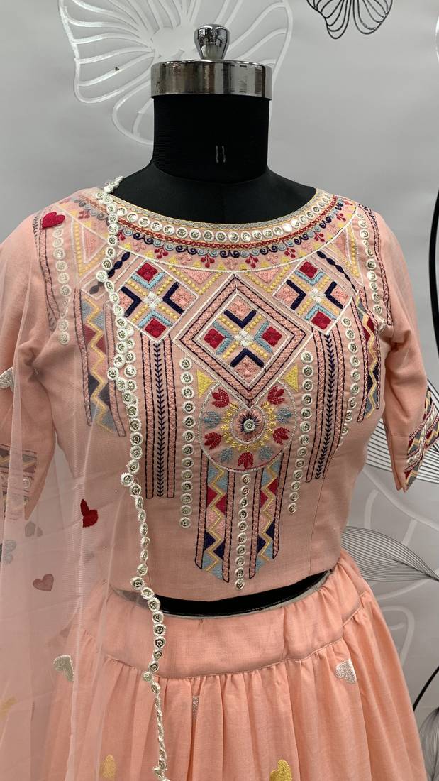 Pink Thread With Sequins Embroidered cotton semi stitched lehenga