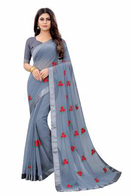 Gray Georgette Embriodered Saree With Lace and Blouse Piece. 1