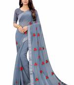 Gray Georgette Embriodered Saree With Lace and Blouse Piece.
