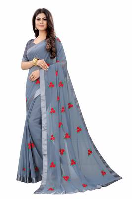Gray Georgette Embriodered Saree With Lace and Blouse Piece. 2