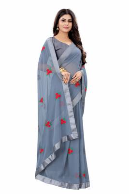 Gray Georgette Embriodered Saree With Lace and Blouse Piece. 3