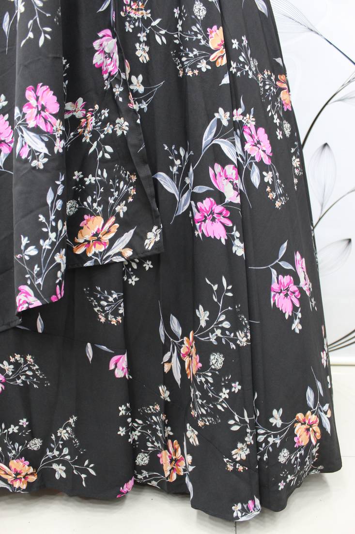 Black printed silk semi stitched lehenga