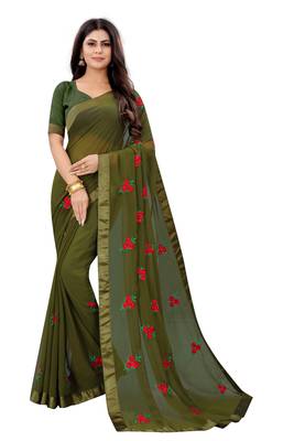 Mahendi Georgette embriodered Saree With Lace and Blouse Piece. 1