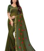 Mahendi Georgette embriodered Saree With Lace and Blouse Piece.