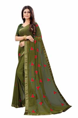 Mahendi Georgette embriodered Saree With Lace and Blouse Piece. 2