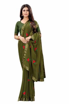 Mahendi Georgette embriodered Saree With Lace and Blouse Piece. 3