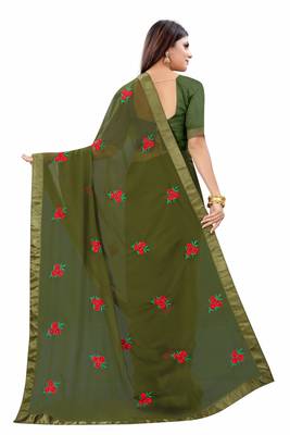 Mahendi Georgette embriodered Saree With Lace and Blouse Piece. 4