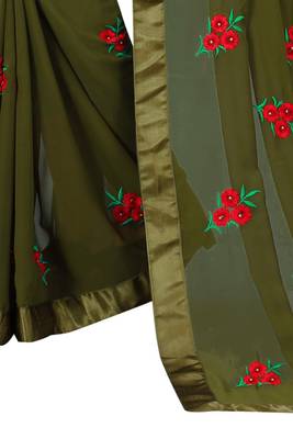 Mahendi Georgette embriodered Saree With Lace and Blouse Piece. 5