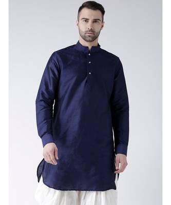 Solid Navy Blue Color Dupion Silk Pathani Kurta 1