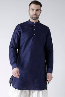 Solid Navy Blue Color Dupion Silk Pathani Kurta