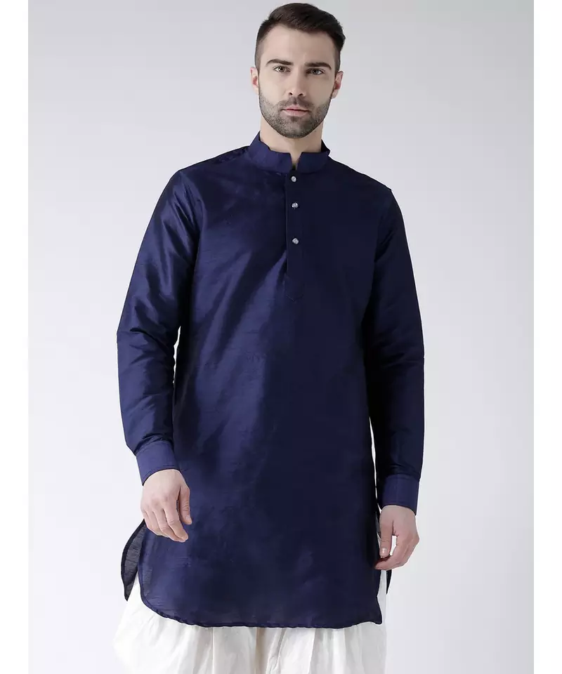 Solid Navy Blue Color Dupion Silk Pathani Kurta