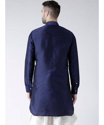 Solid Navy Blue Color Dupion Silk Pathani Kurta 3