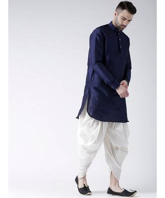 Solid Navy Blue Color Dupion Silk Pathani Kurta 4