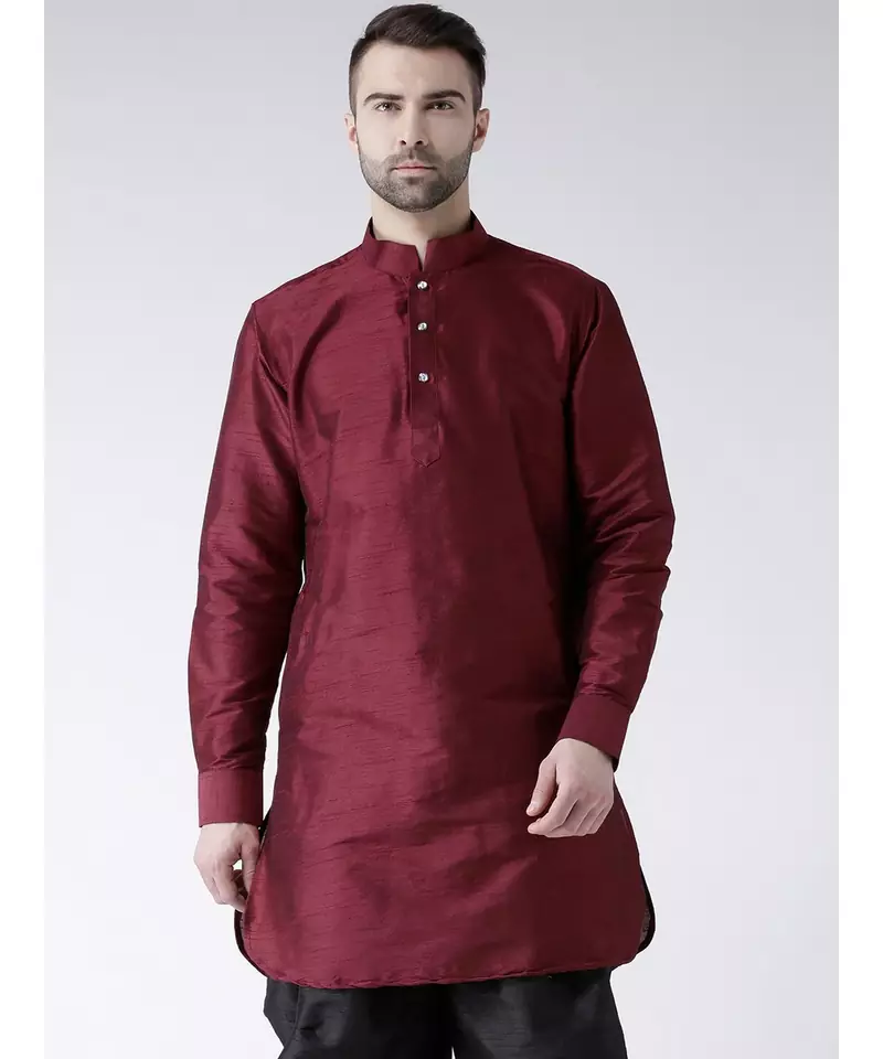 Solid Maroon Color Dupion Silk Pathani Kurta