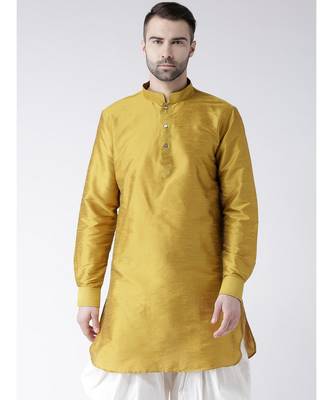 Solid Yellow Color Dupion Silk Pathani Kurta 1
