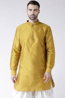 Solid Yellow Color Dupion Silk Pathani Kurta