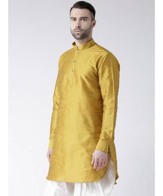 Solid Yellow Color Dupion Silk Pathani Kurta 2