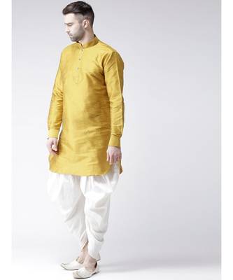Solid Yellow Color Dupion Silk Pathani Kurta 4