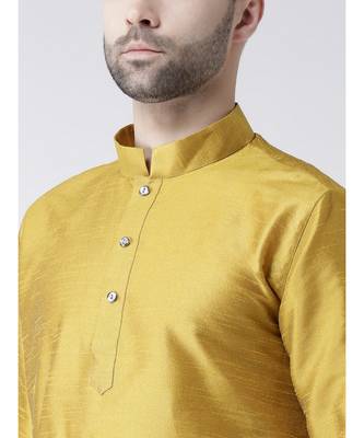 Solid Yellow Color Dupion Silk Pathani Kurta 5