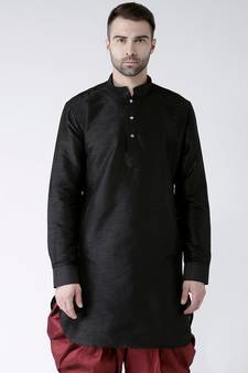Solid Black Color Dupion Silk Pathani Kurta